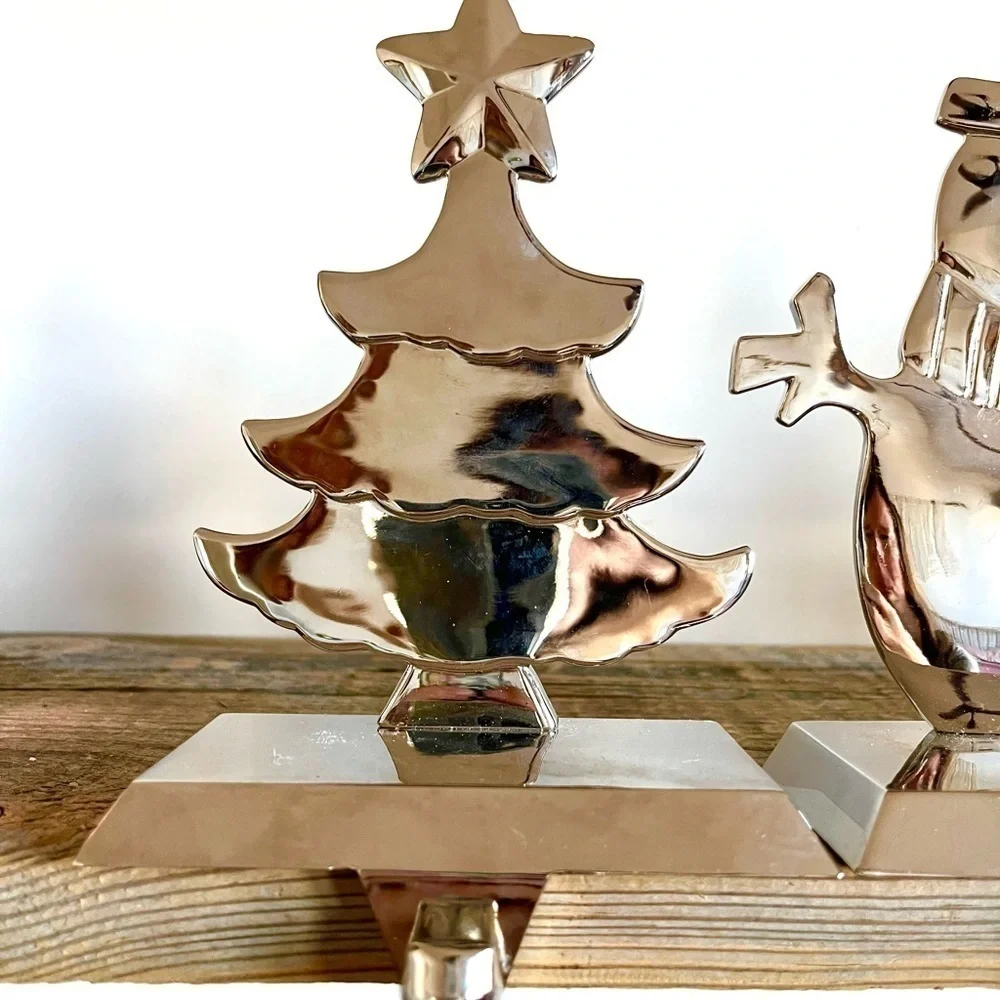 Chrome Christmas Tree Snowman Stocking Hooks set of 4